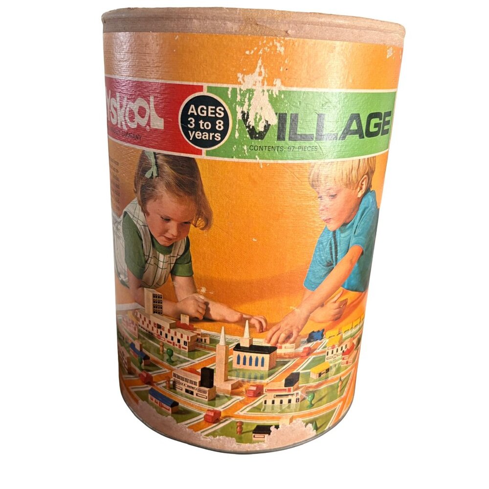 Vintage‎ • 1970's Playskool: Village Wooden Blocks & Street Layout In Container